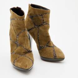 Pre Owned René Caovilla Khaki Green Suede Crystal Embellished Ankle Boots Size 37