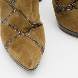 Pre Owned René Caovilla Khaki Green Suede Crystal Embellished Ankle Boots Size 37