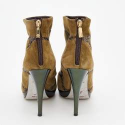 Pre Owned René Caovilla Khaki Green Suede Crystal Embellished Ankle Boots Size 37