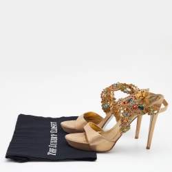 René Caovilla Metallic Beige Nubuck Leather Embellished Platform Slingback Sandals Size 40