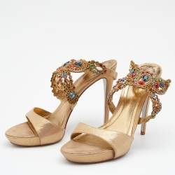 René Caovilla Metallic Beige Nubuck Leather Embellished Platform Slingback Sandals Size 40