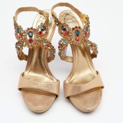 René Caovilla Metallic Beige Nubuck Leather Embellished Platform Slingback Sandals Size 40