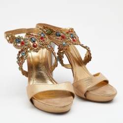 René Caovilla Metallic Beige Nubuck Leather Embellished Platform Slingback Sandals Size 40