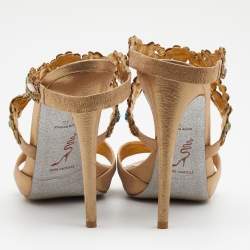 René Caovilla Metallic Beige Nubuck Leather Embellished Platform Slingback Sandals Size 40