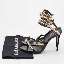 Pre Owned René Caovilla Black Suede Pearl Crystal Embellished Snake Ankle Wrap Sandals Size 39