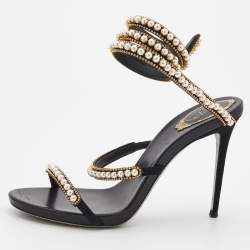 Pre Owned René Caovilla Black Suede Pearl Crystal Embellished Snake Ankle Wrap Sandals Size 39