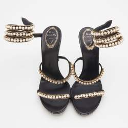 Pre Owned René Caovilla Black Suede Pearl Crystal Embellished Snake Ankle Wrap Sandals Size 39