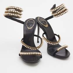 Pre Owned René Caovilla Black Suede Pearl Crystal Embellished Snake Ankle Wrap Sandals Size 39