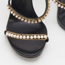 Pre Owned René Caovilla Black Suede Pearl Crystal Embellished Snake Ankle Wrap Sandals Size 39