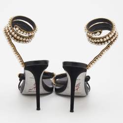 Pre Owned René Caovilla Black Suede Pearl Crystal Embellished Snake Ankle Wrap Sandals Size 39