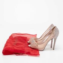 René Caovilla Light Pink Mesh and Shimmer Suede Star Embellished Bow Peep-Toe Pumps Size 38
