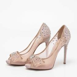 René Caovilla Light Pink Mesh and Shimmer Suede Star Embellished Bow Peep-Toe Pumps Size 38