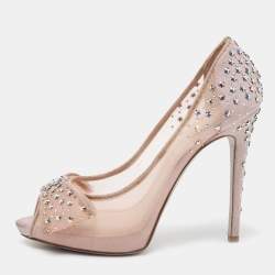 René Caovilla Light Pink Mesh and Shimmer Suede Star Embellished Bow Peep-Toe Pumps Size 38