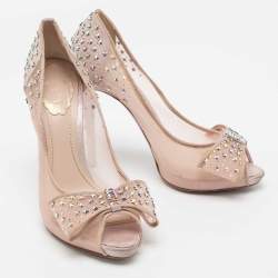 René Caovilla Light Pink Mesh and Shimmer Suede Star Embellished Bow Peep-Toe Pumps Size 38