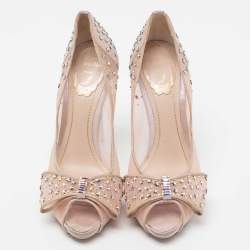 René Caovilla Light Pink Mesh and Shimmer Suede Star Embellished Bow Peep-Toe Pumps Size 38