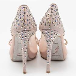 René Caovilla Light Pink Mesh and Shimmer Suede Star Embellished Bow Peep-Toe Pumps Size 38