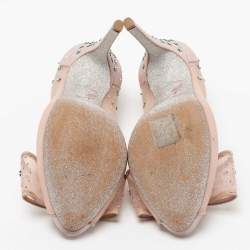 René Caovilla Light Pink Mesh and Shimmer Suede Star Embellished Bow Peep-Toe Pumps Size 38