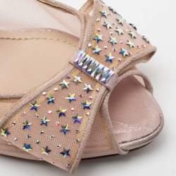 René Caovilla Light Pink Mesh and Shimmer Suede Star Embellished Bow Peep-Toe Pumps Size 38