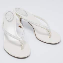 Pre Owned René Caovilla Off-White Satin Crystal Embellished Thong Sandals Size 38