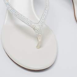 Pre Owned René Caovilla Off-White Satin Crystal Embellished Thong Sandals Size 38