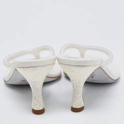 Pre Owned René Caovilla Off-White Satin Crystal Embellished Thong Sandals Size 38