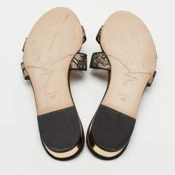 René Caovilla Black Lace Faux Pearl Embellished Flat Slides Size 40