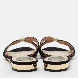 René Caovilla Black Lace Faux Pearl Embellished Flat Slides Size 40