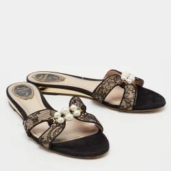 René Caovilla Black Lace Faux Pearl Embellished Flat Slides Size 40