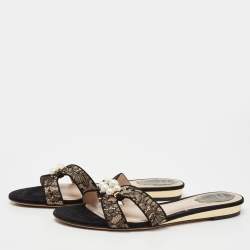René Caovilla Black Lace Faux Pearl Embellished Flat Slides Size 40