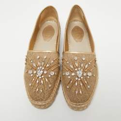 Pre Owned René Caovilla Metallic Gold Lace And Leather Crystal Embellished Espadrille Flats Size 40