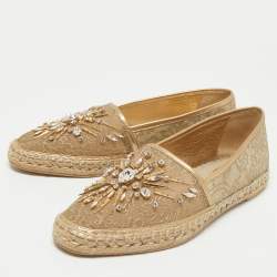 Pre Owned René Caovilla Metallic Gold Lace And Leather Crystal Embellished Espadrille Flats Size 40