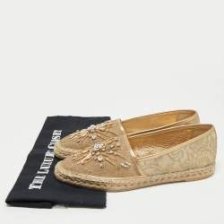 Pre Owned René Caovilla Metallic Gold Lace And Leather Crystal Embellished Espadrille Flats Size 40