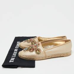 Pre Owned Rene Caovilla Metallic Beige Leather Cut Out Crystal Embellished Espadrille Flats Size 41