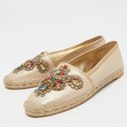 Pre Owned Rene Caovilla Metallic Beige Leather Cut Out Crystal Embellished Espadrille Flats Size 41