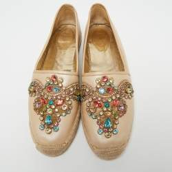 Pre Owned Rene Caovilla Metallic Beige Leather Cut Out Crystal Embellished Espadrille Flats Size 41