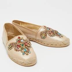 Pre Owned Rene Caovilla Metallic Beige Leather Cut Out Crystal Embellished Espadrille Flats Size 41