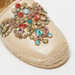 Pre Owned Rene Caovilla Metallic Beige Leather Cut Out Crystal Embellished Espadrille Flats Size 41