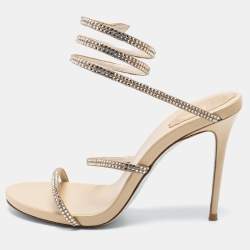 Rene Caovilla Metallic Gold Satin Crystal Embellished Cleo Ankle Wrap Sandals Size 39.5