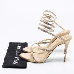 Rene Caovilla Metallic Gold Satin Crystal Embellished Cleo Ankle Wrap Sandals Size 39.5