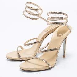Rene Caovilla Metallic Gold Satin Crystal Embellished Cleo Ankle Wrap Sandals Size 39.5