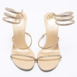 Rene Caovilla Metallic Gold Satin Crystal Embellished Cleo Ankle Wrap Sandals Size 39.5