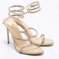 Rene Caovilla Metallic Gold Satin Crystal Embellished Cleo Ankle Wrap Sandals Size 39.5