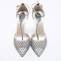 Pre Owned صندل رينيه كاوفيلا جلد لامع وساتان أسود/أبيض مزخرف حزام للكاحل مقاس 41