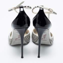 Pre Owned صندل رينيه كاوفيلا جلد لامع وساتان أسود/أبيض مزخرف حزام للكاحل مقاس 41