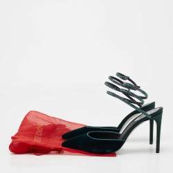 Pre Owned Rene Caovilla Dark Green Velvet Cleo Crystal Embellished Ankle Wrap Pumps Size 37