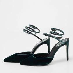 Pre Owned Rene Caovilla Dark Green Velvet Cleo Crystal Embellished Ankle Wrap Pumps Size 37