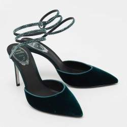 Pre Owned Rene Caovilla Dark Green Velvet Cleo Crystal Embellished Ankle Wrap Pumps Size 37