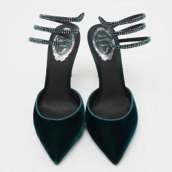 Pre Owned Rene Caovilla Dark Green Velvet Cleo Crystal Embellished Ankle Wrap Pumps Size 37