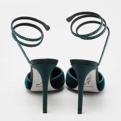 Pre Owned Rene Caovilla Dark Green Velvet Cleo Crystal Embellished Ankle Wrap Pumps Size 37