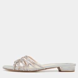 Rene Caovilla Light Grey Crystal Embellished Leather Strappy Flat Slides Size 38.5